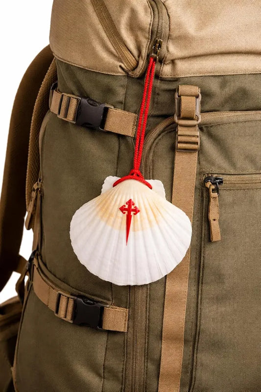 Pilgermuschel Jakobsweg mit Cruz de Santiago – Naturmuschel mit roter Kordel