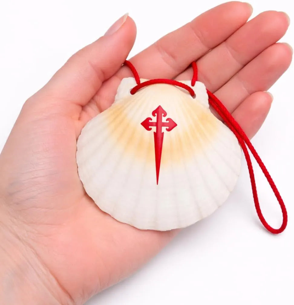 Pilgermuschel Jakobsweg mit Cruz de Santiago – Naturmuschel mit roter Kordel
