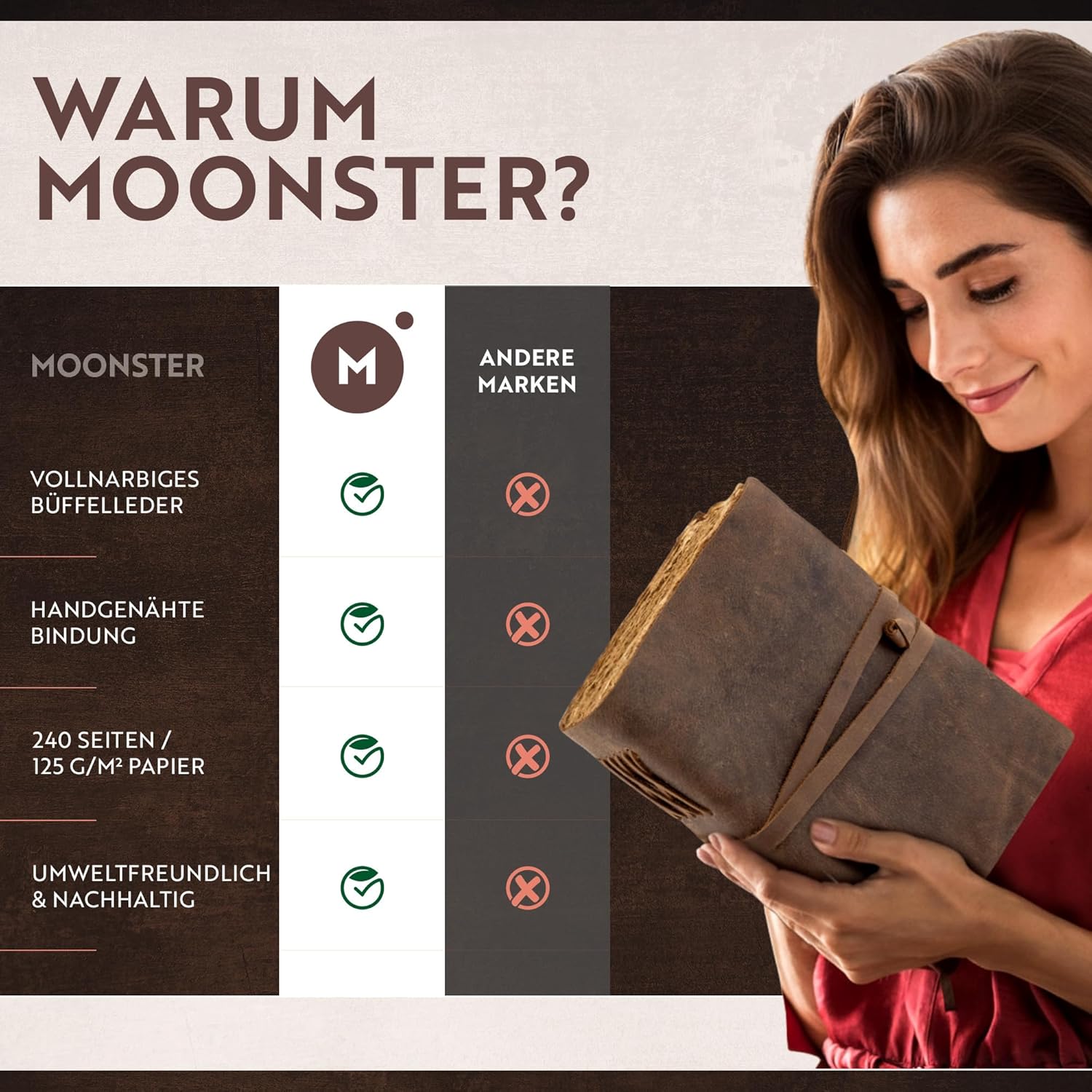moonster Leder Notizbuch A5 aus Büffelleder