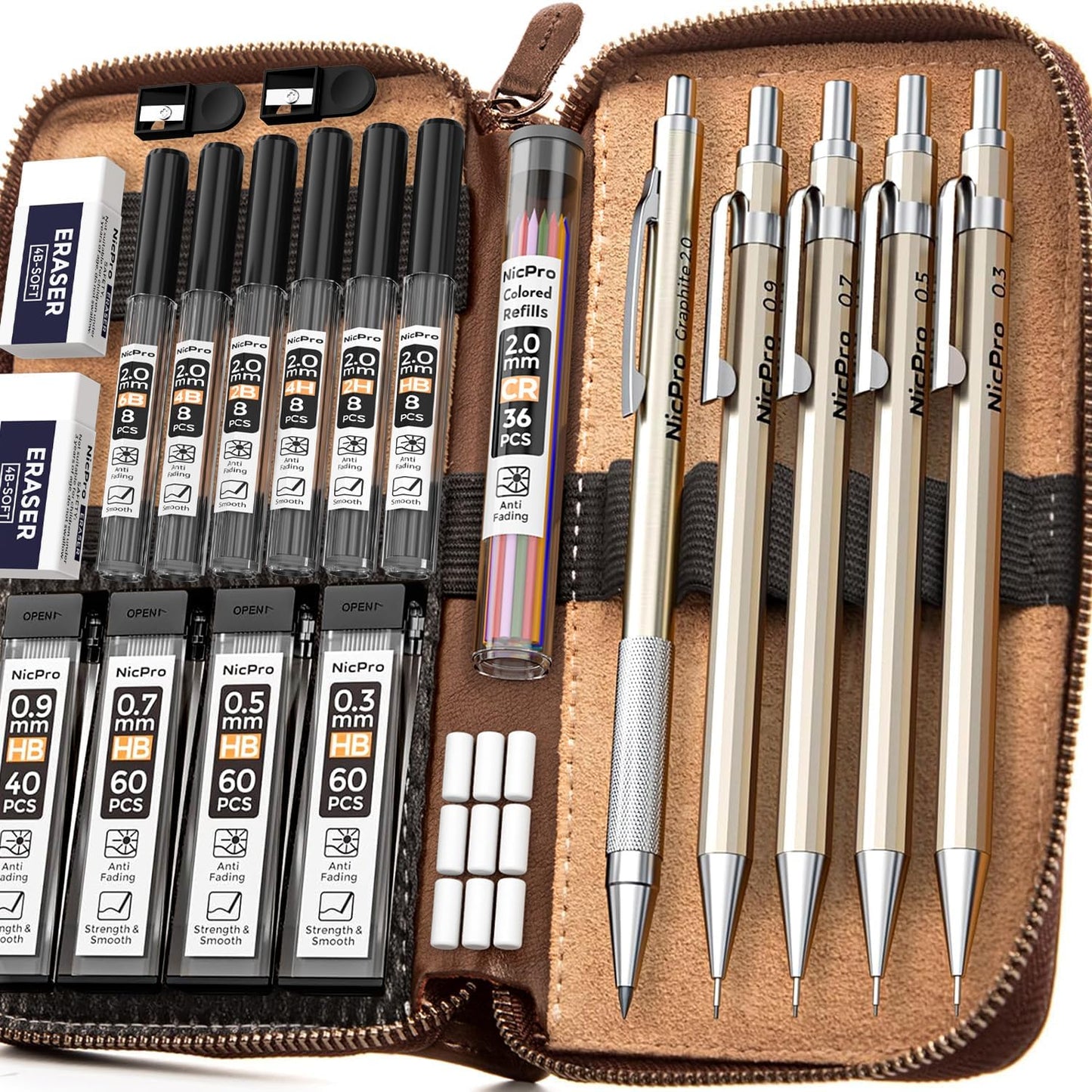 Nicpro 29-teiliges Druckbleistift-Set – Zeichen- und Skizzenset im Lederetui