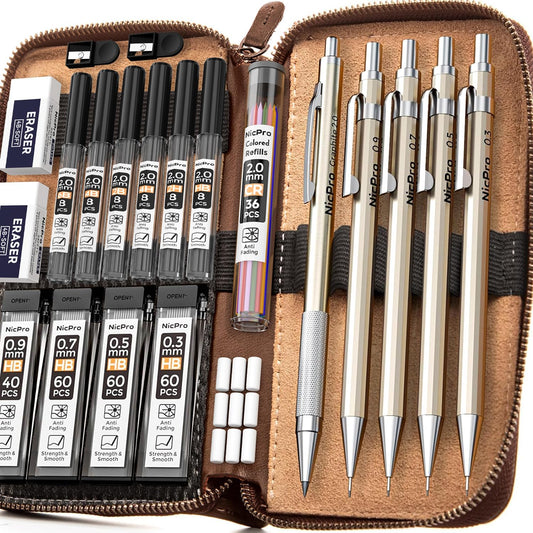 Nicpro 29-teiliges Druckbleistift-Set – Zeichen- und Skizzenset im Lederetui
